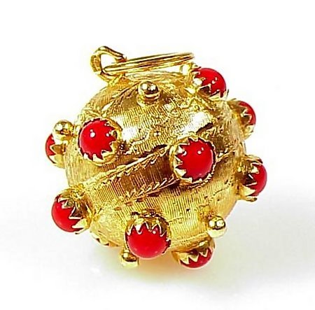 Venetian Etruscan 18K Gold &amp; Red Coral Fob Charm