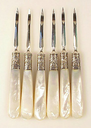 6 Victorian Sterling Silver &amp; Mother of Pearl Nut Picks