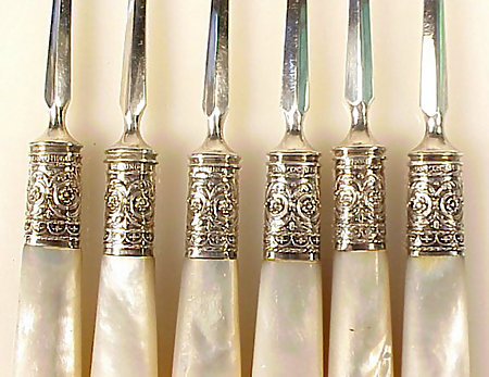 6 Victorian Sterling Silver &amp; Mother of Pearl Nut Picks