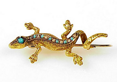 Napoleon III 18K Gold Pearl Turquoise Salamander Brooch