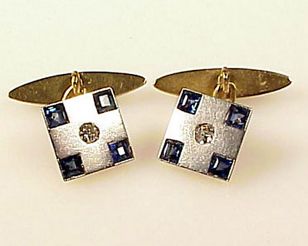 Art Deco Platinum 18K Gold Diamond Sapphire Cufflinks