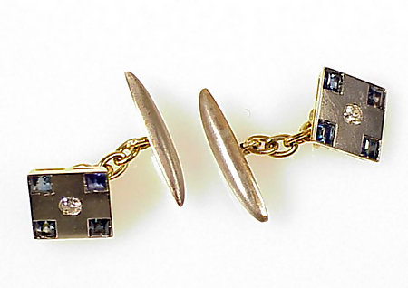 Art Deco Platinum 18K Gold Diamond Sapphire Cufflinks