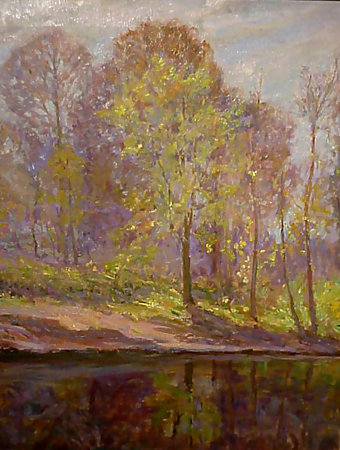 American Impressionist Woodland Pond Oil On Canvas