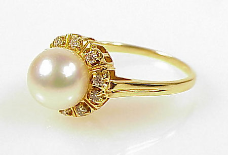 Signed Mikimoto 18K Gold, Cultured Pearl &amp; Diamond Ring