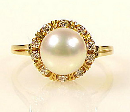 Signed Mikimoto 18K Gold, Cultured Pearl &amp; Diamond Ring