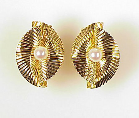 Retro Tiffany & Co. 14K Gold & Pearl Pleated Earrings