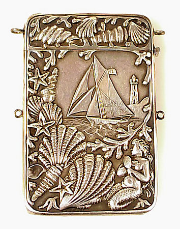 Victorian Silverplate Mermaid &amp; Sailing Ship Card Case