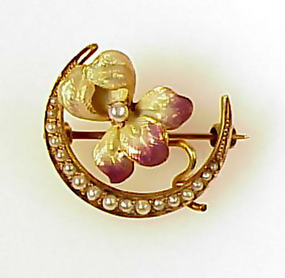 Art Nouveau 10K Gold Enamel Pearl Iris Honeymoon Brooch