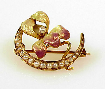 Art Nouveau 10K Gold Enamel Pearl Iris Honeymoon Brooch