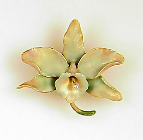 Hedges Nouveau 14K Gold Enamel Pearl Orchid Brooch