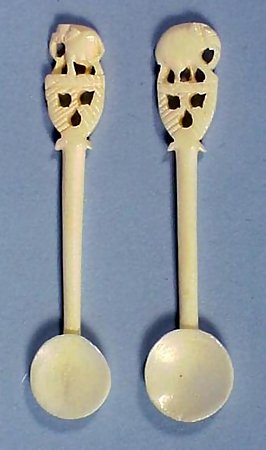 Pair Carved Bone Elephant Handle Salt Spoons