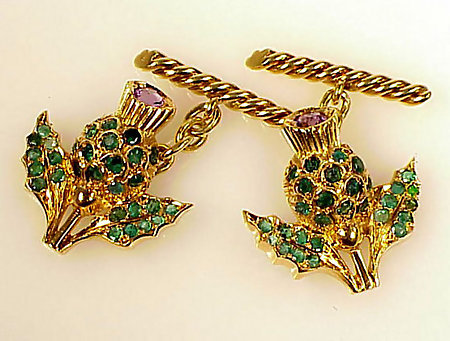 18K Yellow Gold, Emerald &amp; Amethyst Thistle Cufflinks