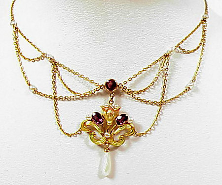 Art Nouveau 14K Enamel Amethyst Pearl Festoon Necklace