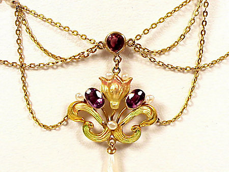 Art Nouveau 14K Enamel Amethyst Pearl Festoon Necklace