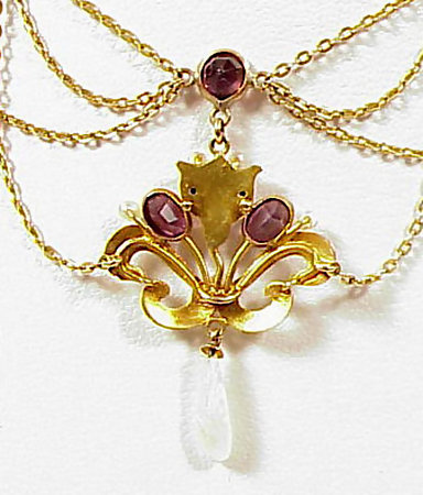 Art Nouveau 14K Enamel Amethyst Pearl Festoon Necklace