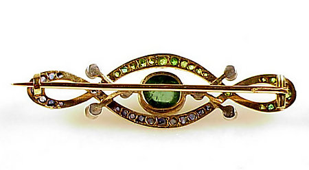 Belle Epoque 18K Gold Demantoid Peridot Sapphire Brooch