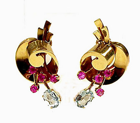 Retro Tiffany &amp; Co. 14K Gold Ruby &amp; Aquamarine Earrings