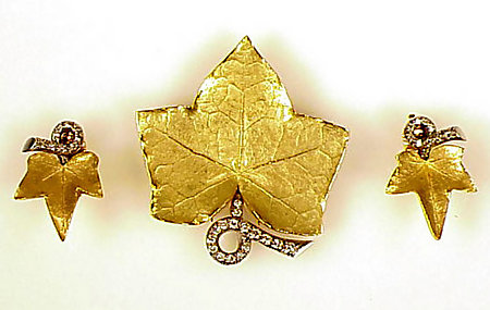 1940s Cartier 18K Palladium Diamond Leaf Pin &amp; Earrings