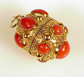 Venetian Etruscan 18K Gold Coral Fob Charm Locket