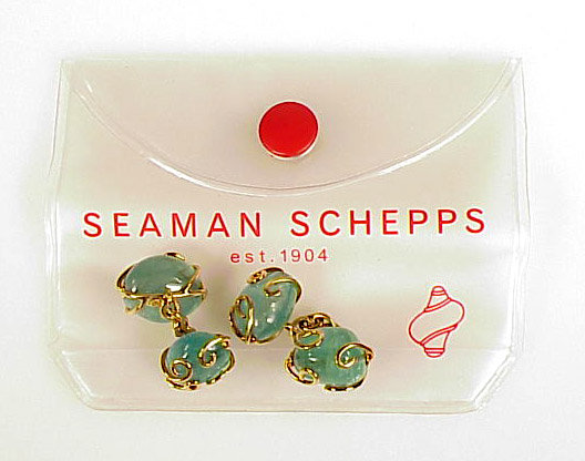 Signed Seaman Schepps 18K Gold Emerald Pebble Cufflinks