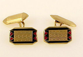 Art Deco 18K Gold & Red/Black Enamel Cufflinks