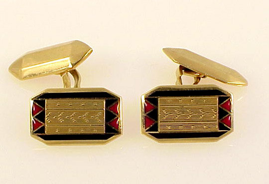 Art Deco 18K Gold &amp; Red/Black Enamel Cufflinks