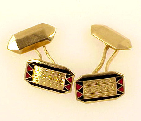 Art Deco 18K Gold &amp; Red/Black Enamel Cufflinks