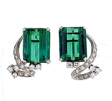 Vintage Platinum Green Tourmaline & Diamond Earrings