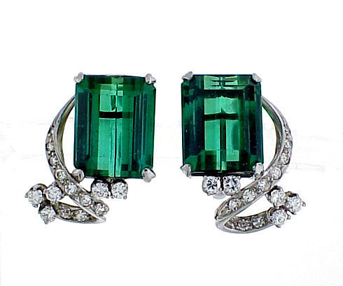 Vintage Platinum Green Tourmaline &amp; Diamond Earrings