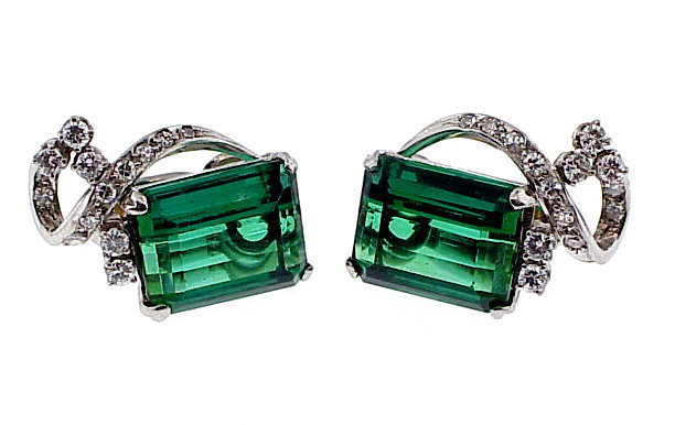 Vintage Platinum Green Tourmaline &amp; Diamond Earrings