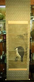 Antique Japanese painting scroll  Hawk on the tree