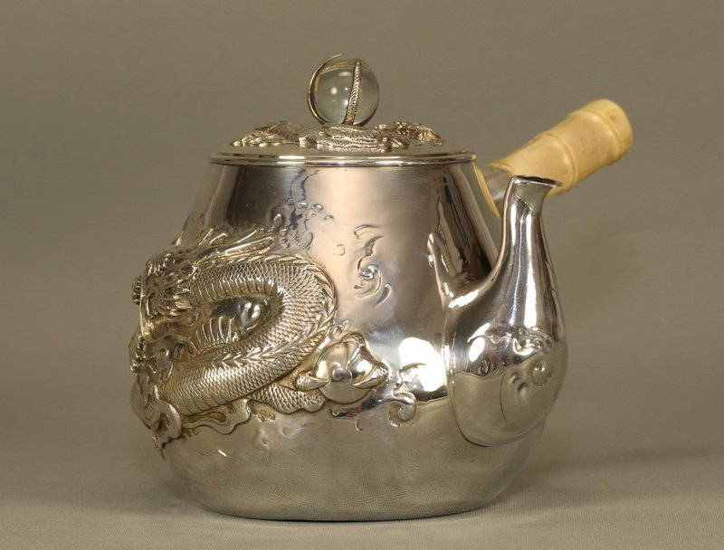 Japanese Silver Dragon Teapot  w Crystal Pearl