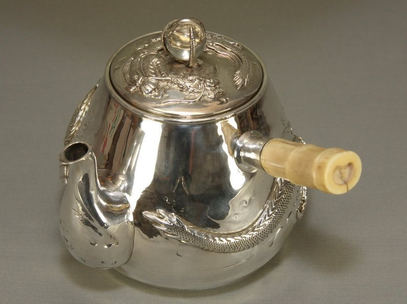 Japanese Silver Dragon Teapot  w Crystal Pearl