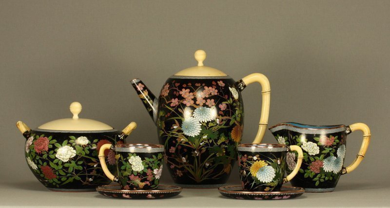 Japanese Cloisonne Enamel Tea Set on Copper