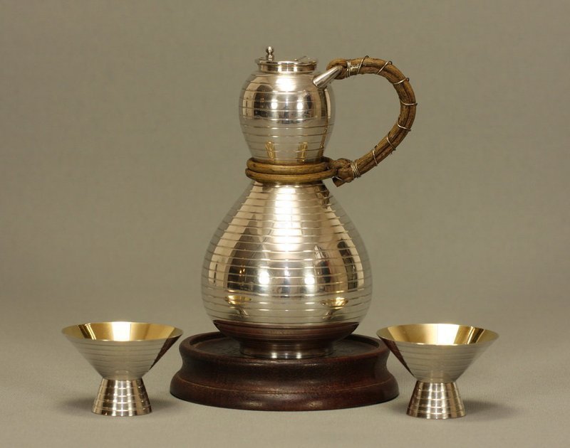 Japanese Silver Sake Ewer w Rattan Handle