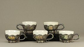Japanese Silver Filigree w White Procelain Teacups