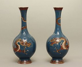 Japanese Pair Blue Cloisonne Vase w Dragon c1890'