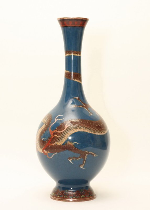 Japanese Pair Blue Cloisonne Vase w Dragon c1890'