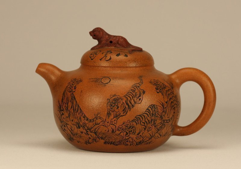 Chinese Yixing Zisha Clay Teapot w Tigers Signed