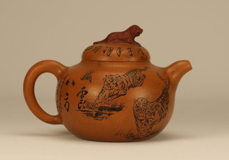 Chinese Yixing Zisha Clay Teapot w Tigers Signed