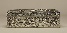 Japanese Silver Wooden Box w Waves & Fishes