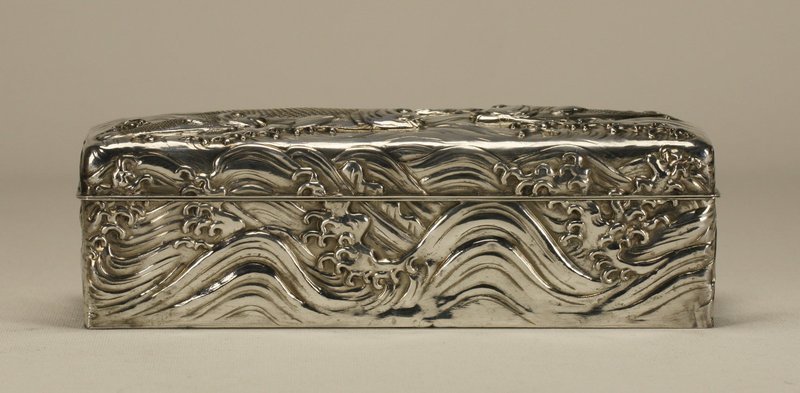 Japanese Silver Wooden Box w Waves &amp; Fishes