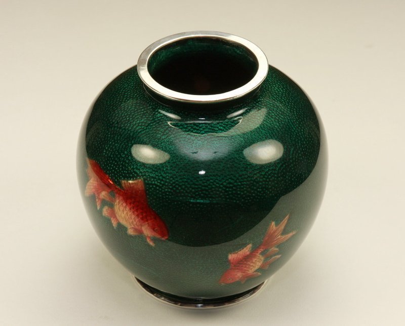 Japanese Cloisonne Vase Marked SATO w Gold Fishes