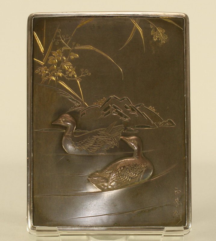 Japanese Silver Box w Ducks Nice  Etched &amp; Signed