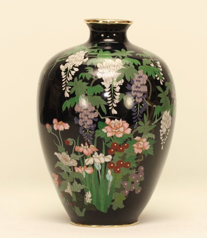 Japanese Cloisonne Vase w WISTERIAS IRIS ROSES &amp; MUMS