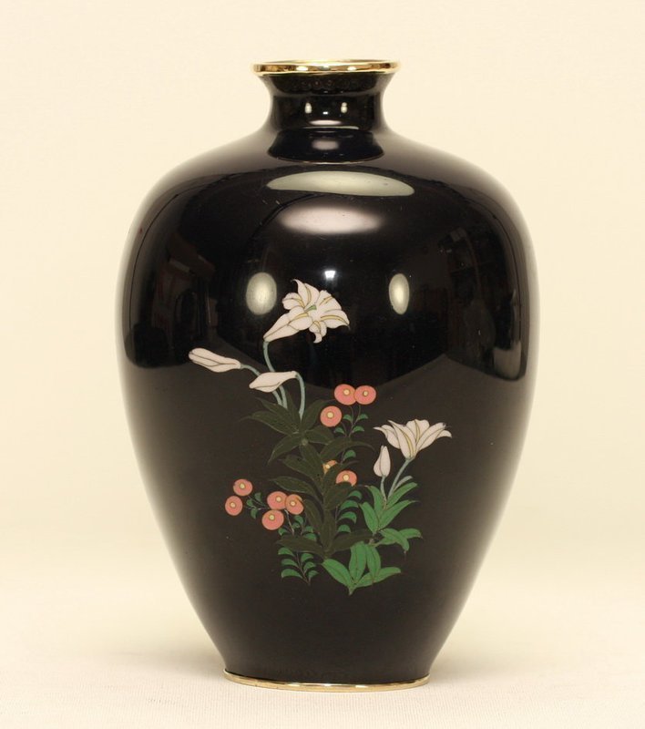 Japanese Cloisonne Vase w WISTERIAS IRIS ROSES &amp; MUMS