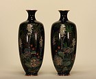 Japanese Pair Cloisonne Vases w Wisteria & Hydrangea