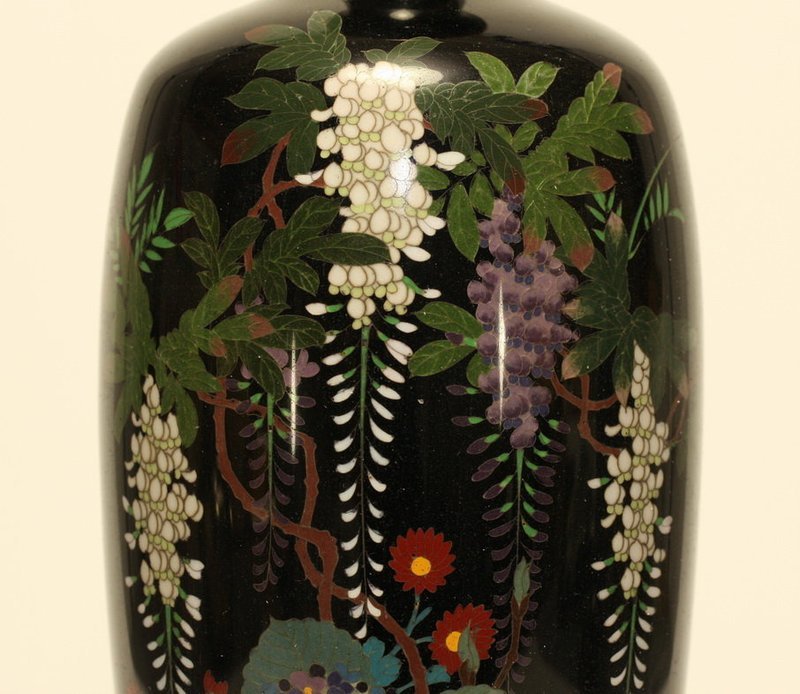 Japanese Pair Cloisonne Vases w Wisteria &amp; Hydrangea