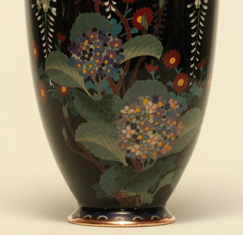 Japanese Pair Cloisonne Vases w Wisteria &amp; Hydrangea