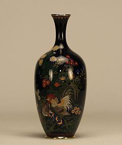 Japanese Cloisonne Enamel Vase w Rooster & Hen c19th